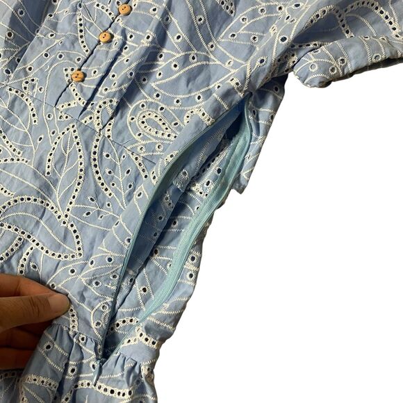 ZARA‎ Dress WMNS M Blue Embroidered Eyelet Midi  Shirt Cutwork V-Neck 7946/528 - Picture 9 of 16